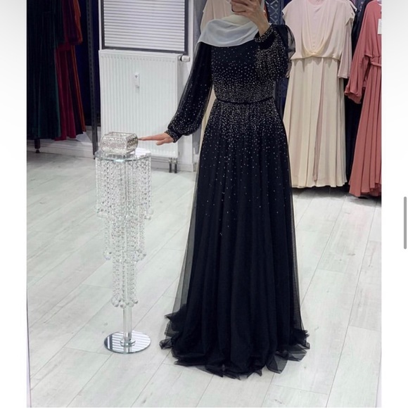 Black Chiffon Modest Evening Gown with rhinestones - Picture 6 of 7